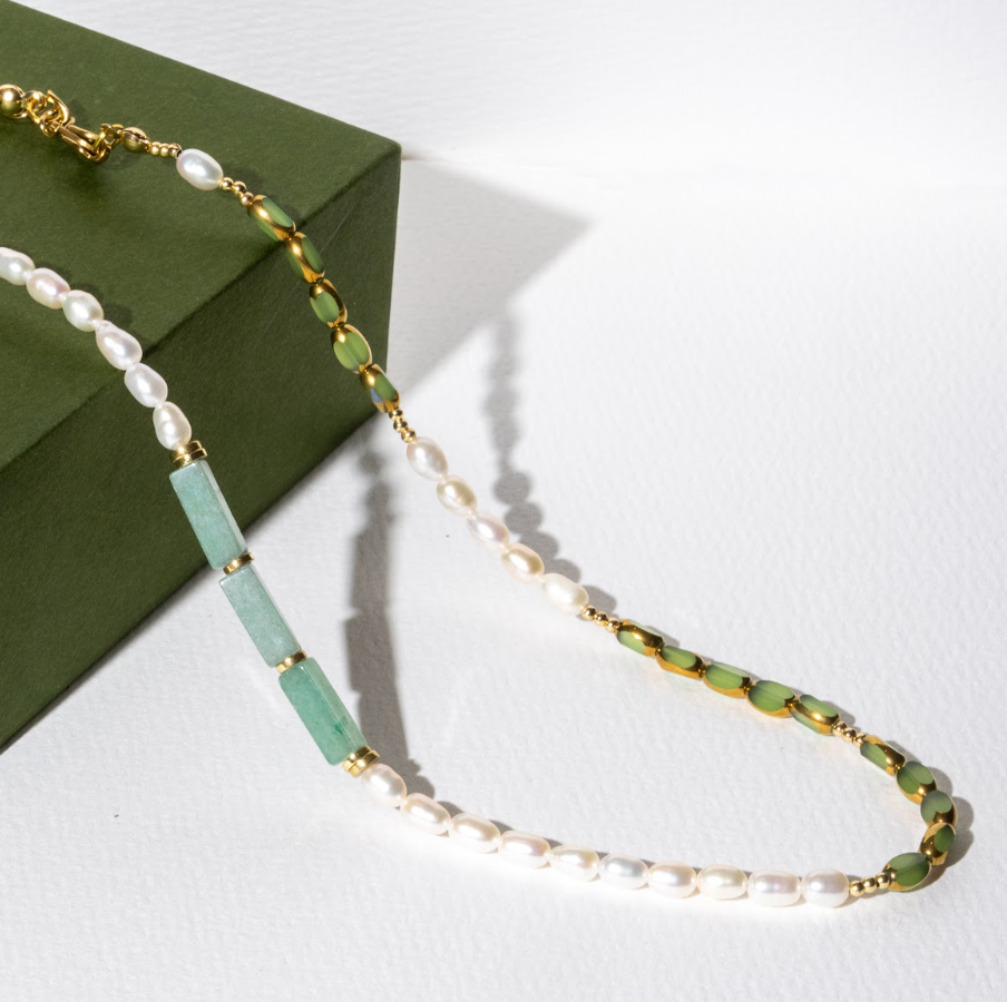 Luxe Green Crystal, Pearl & Gold-Plated Copper Necklace