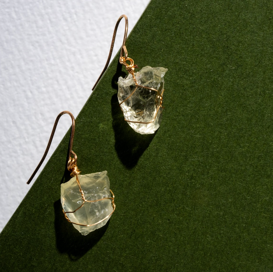 Luminous Natural Yellow Quartz Crystal & Gold-Plated Bronze Earrings