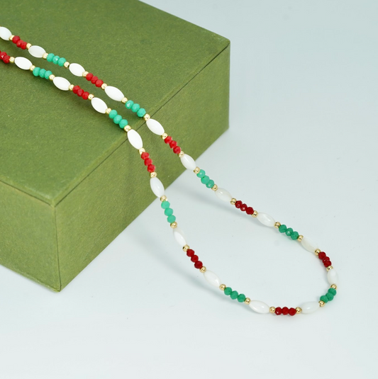 Luxe White Pearl, Red & Green Crystal Gold-Plated Necklace