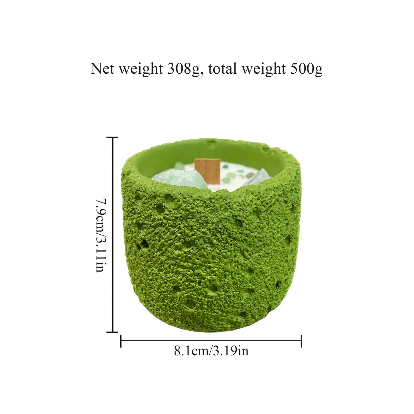 Agarwood Scented Soy Candle with Green Quartz Crystals, Handcrafted Green Textured Candle with Wooden Wick, Decorative Home Fragrance Gift for Women and Men, 500g