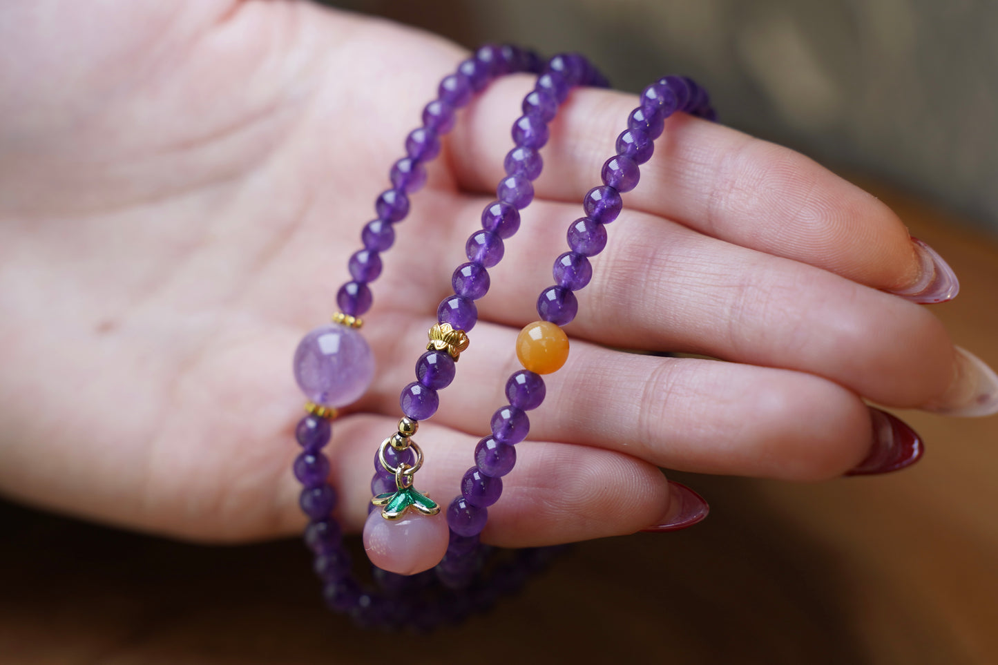 Amethyst Peach Pendant Wrap Bracelet – Natural Amethyst Crystal Beaded Wrap Bracelet for Women