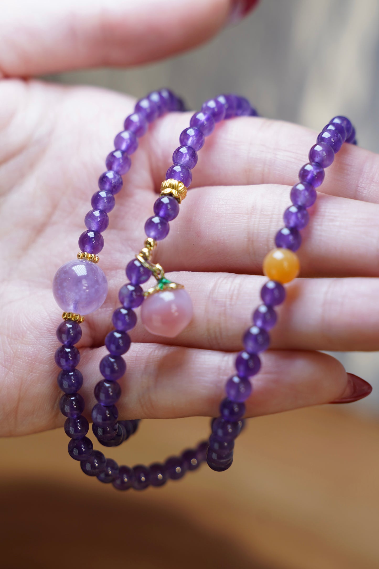 Amethyst Peach Pendant Wrap Bracelet – Natural Amethyst Crystal Beaded Wrap Bracelet for Women