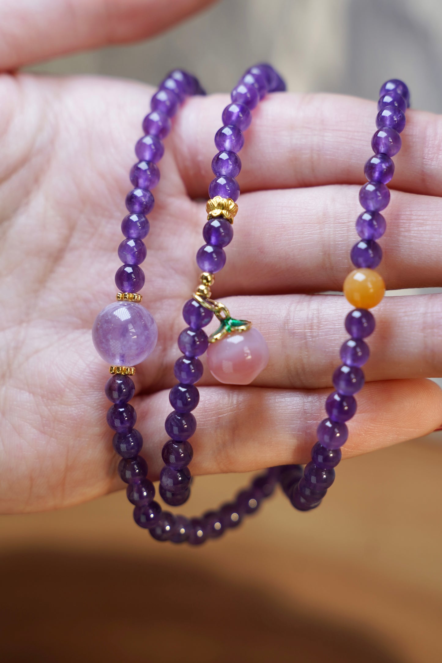 Amethyst Peach Pendant Wrap Bracelet – Natural Amethyst Crystal Beaded Wrap Bracelet for Women