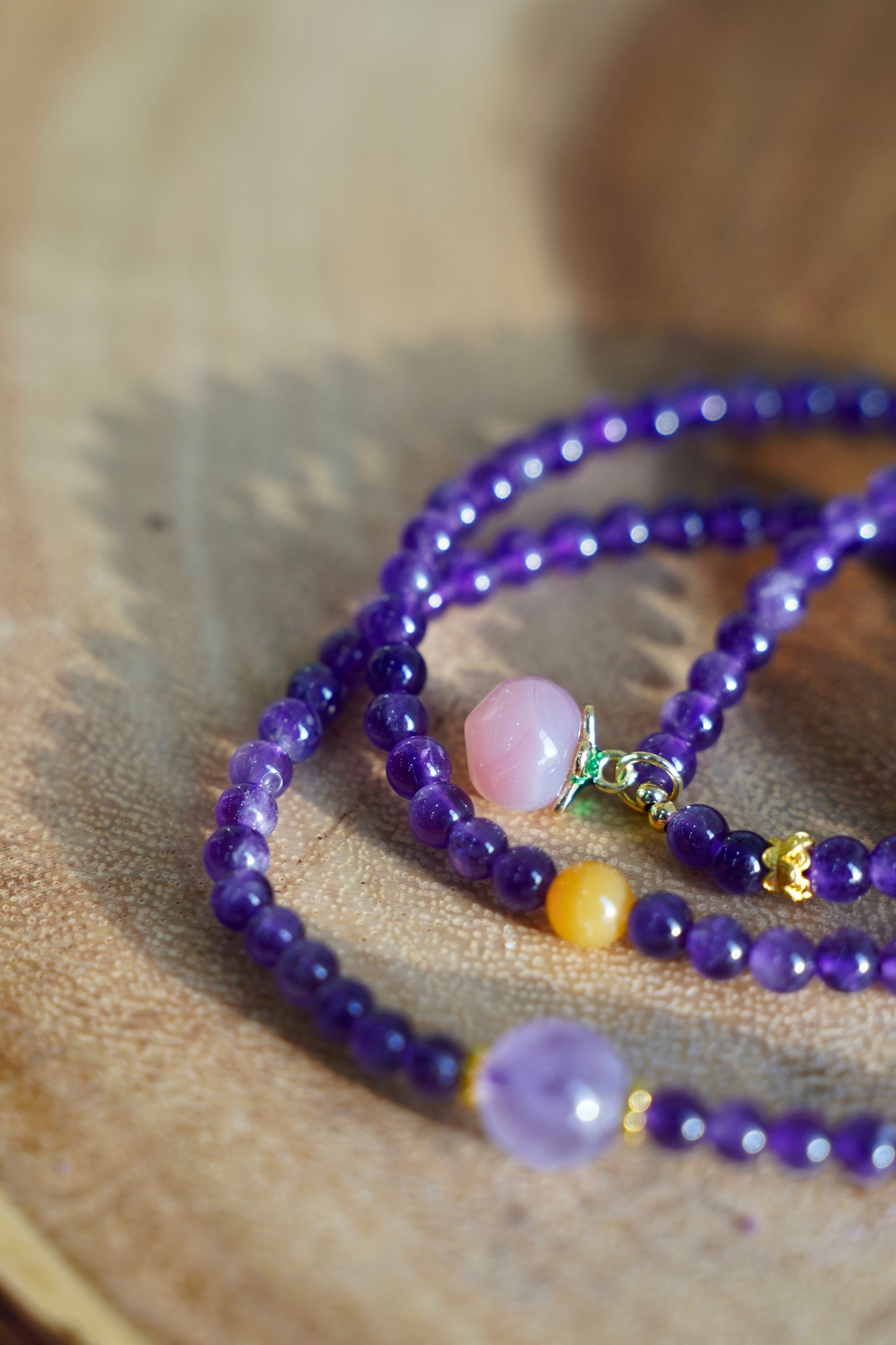 Amethyst Peach Pendant Wrap Bracelet – Natural Amethyst Crystal Beaded Wrap Bracelet for Women
