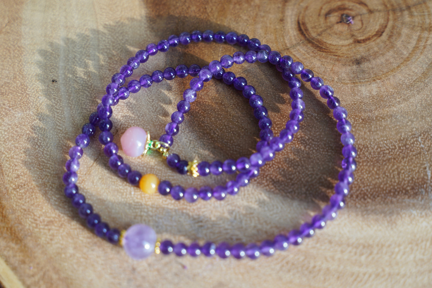 Amethyst Peach Pendant Wrap Bracelet – Natural Amethyst Crystal Beaded Wrap Bracelet for Women