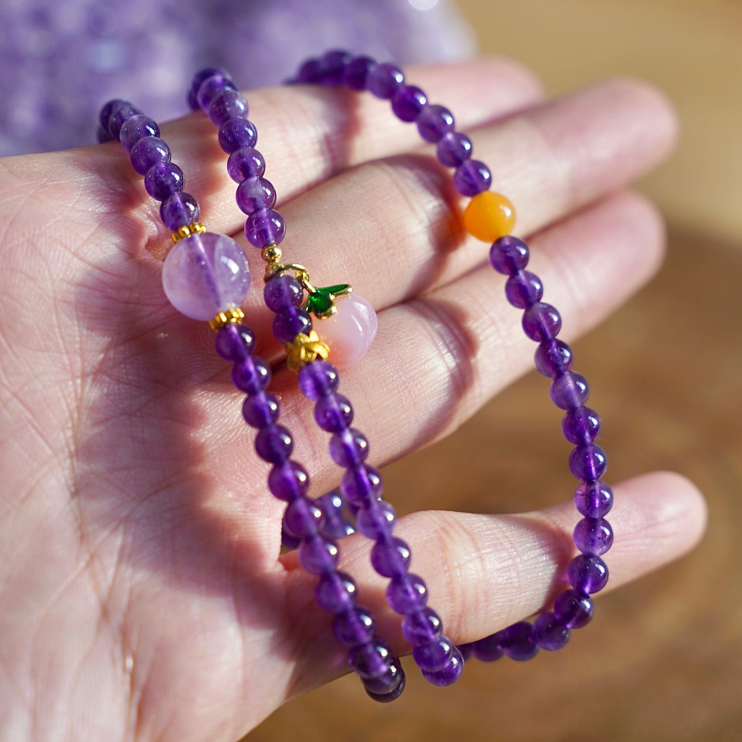 Amethyst Peach Pendant Wrap Bracelet – Natural Amethyst Crystal Beaded Wrap Bracelet for Women