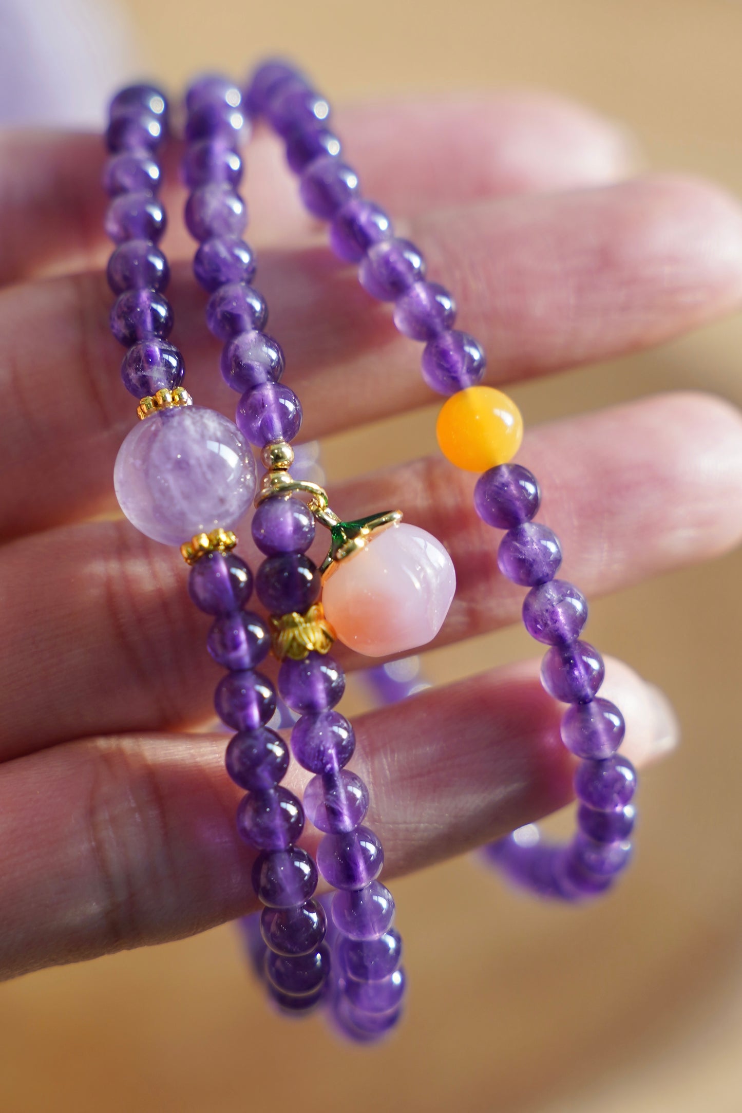 Amethyst Peach Pendant Wrap Bracelet – Natural Amethyst Crystal Beaded Wrap Bracelet for Women
